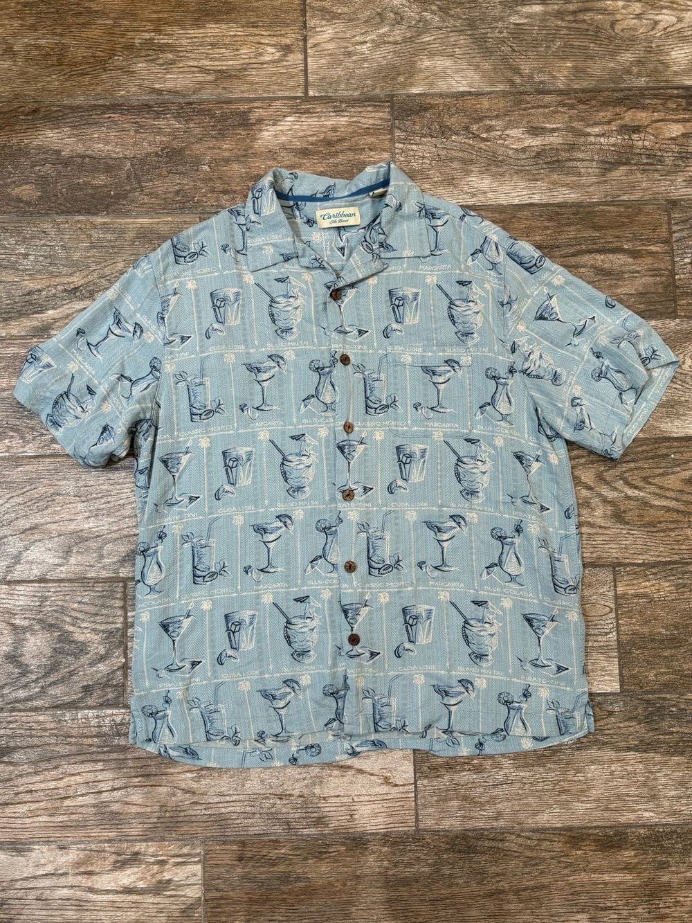 Caribbean Light Blue Short-Sleeve Button-Down with Navy Cocktail Print